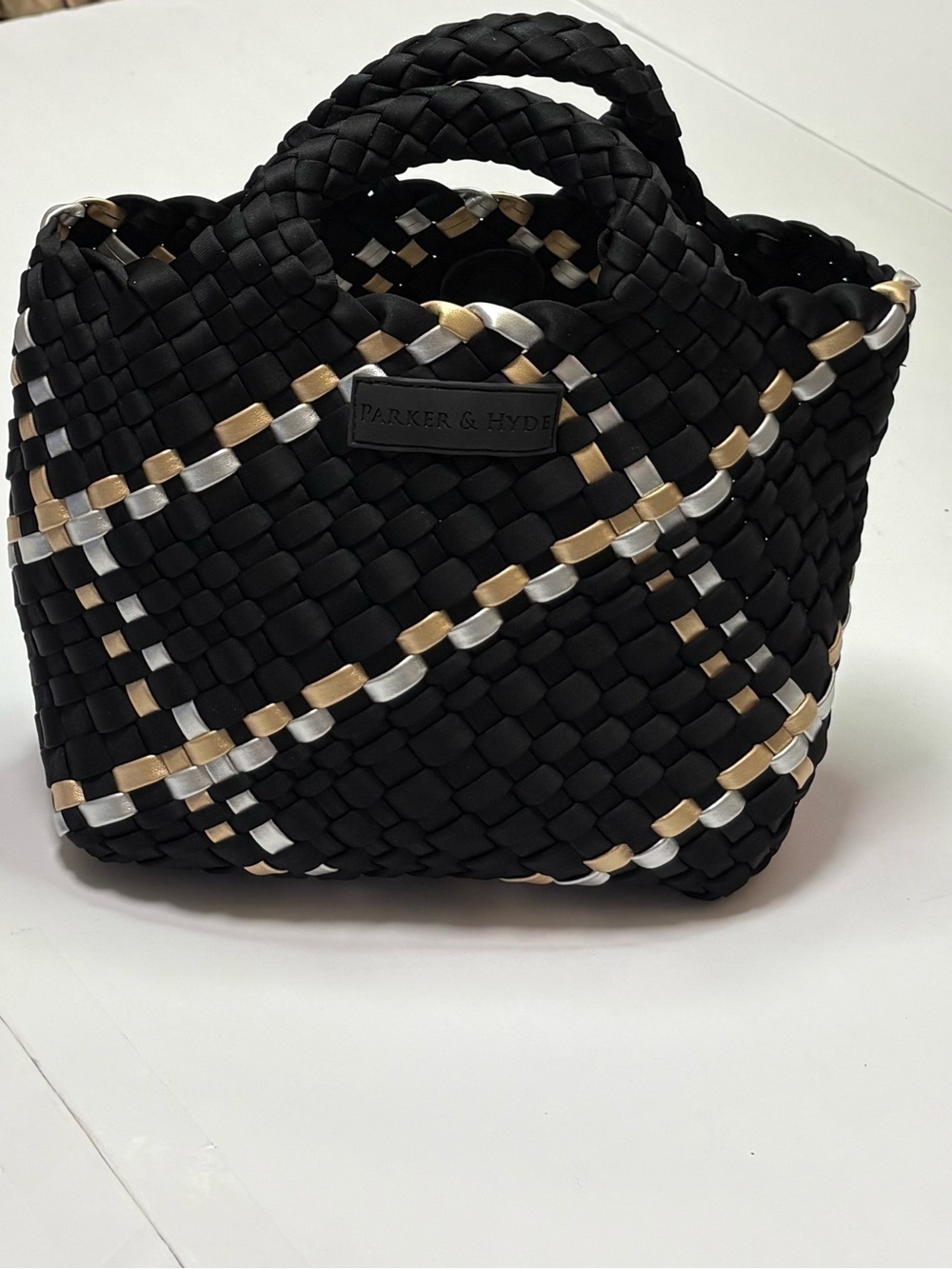 Parker & Hyde Woven Mini Tote Bag Black Gold Silver Metallic Neoprene